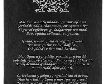 Wales slate plaque with welsh national anthem dragon detail