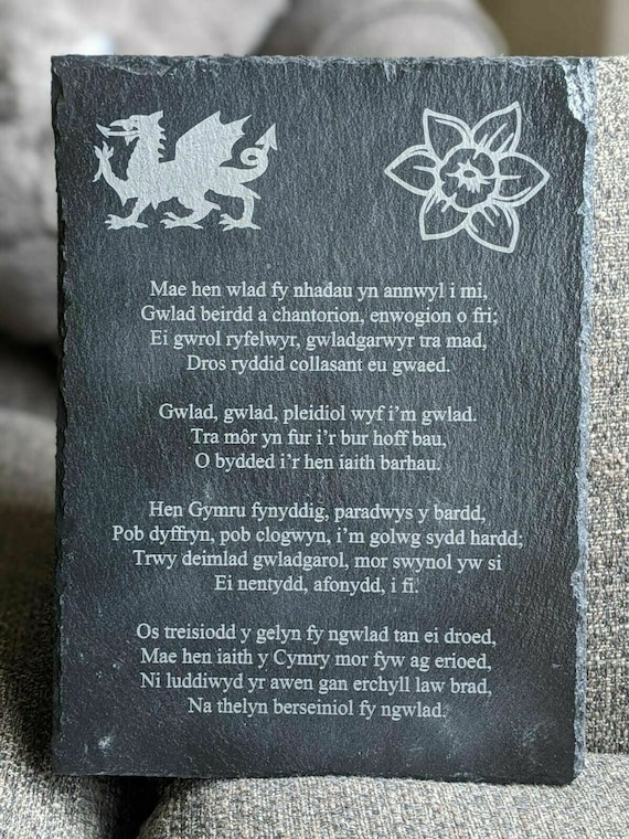 Wales slate plaque with welsh national anthem dragon detail