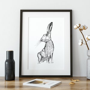 Hase Wand Kunstdruck Illustration Wildtier schwarz weiß Tinte Poster chic