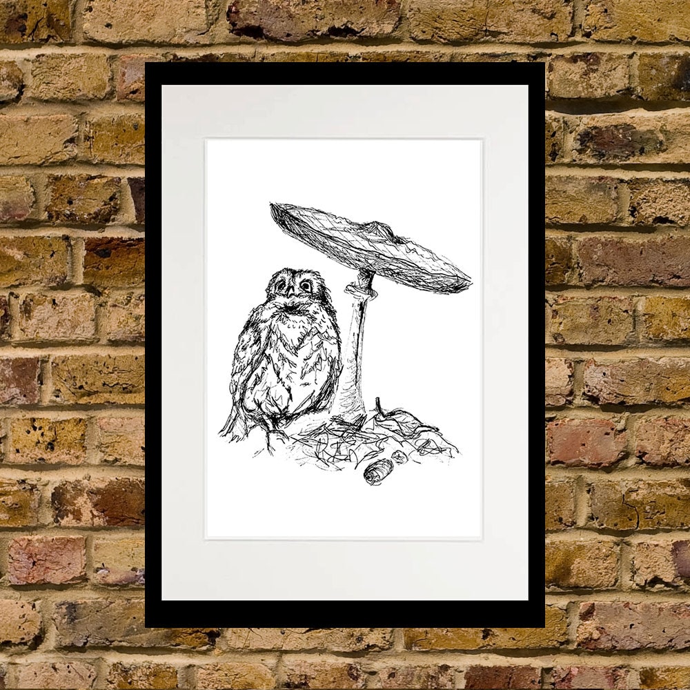 Baby Owl Under Mushroom Wall Art Print Illustration Woodland Etsy