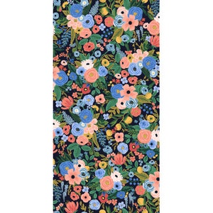 May include: A dark blue fabric with a floral pattern featuring pink, blue, and yellow flowers. The fabric is covered in a variety of flowers and leaves.