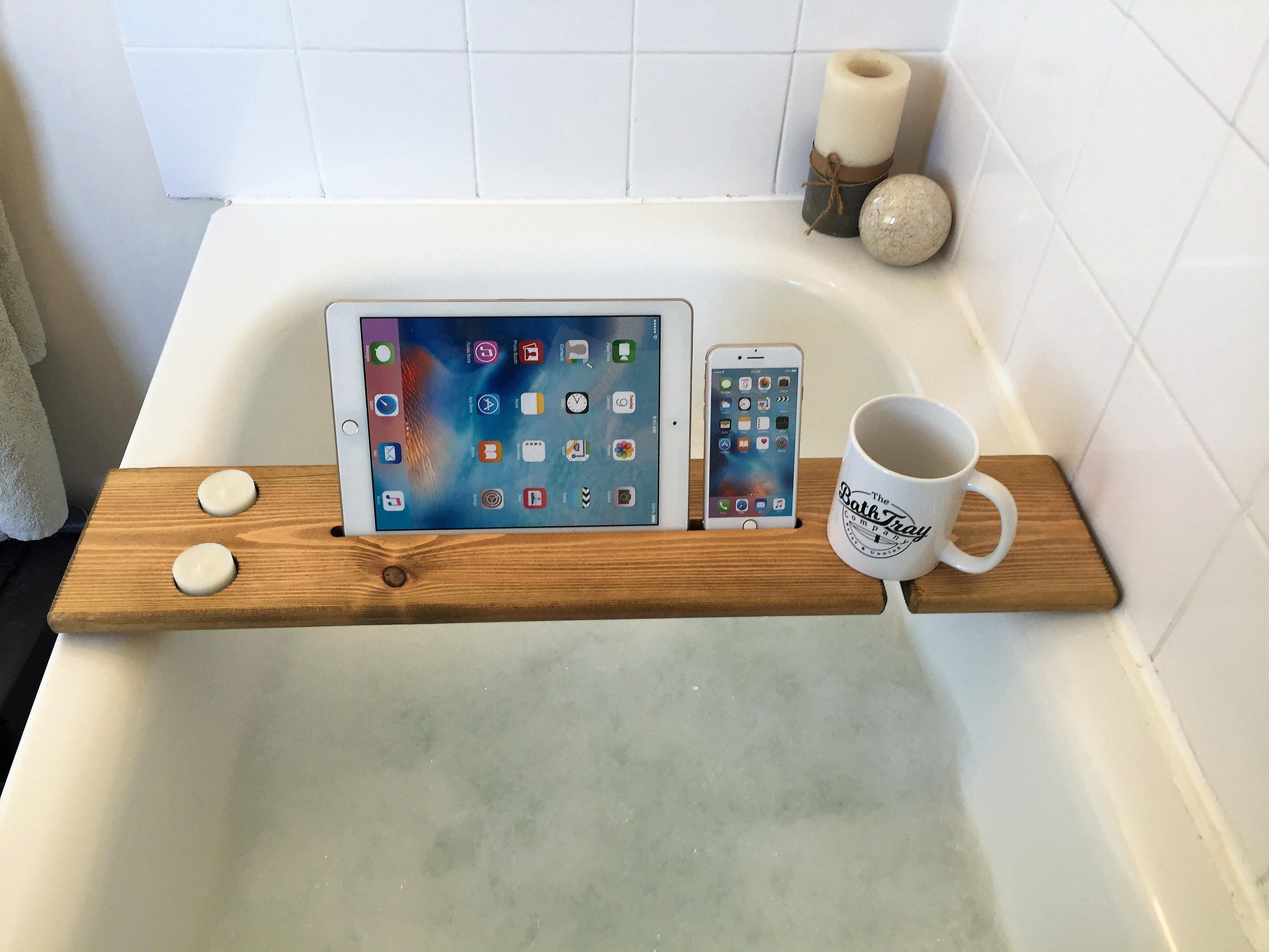 Wooden Bath Caddy Tray With Wine & Tablet Holder Rustic Oak Etsy