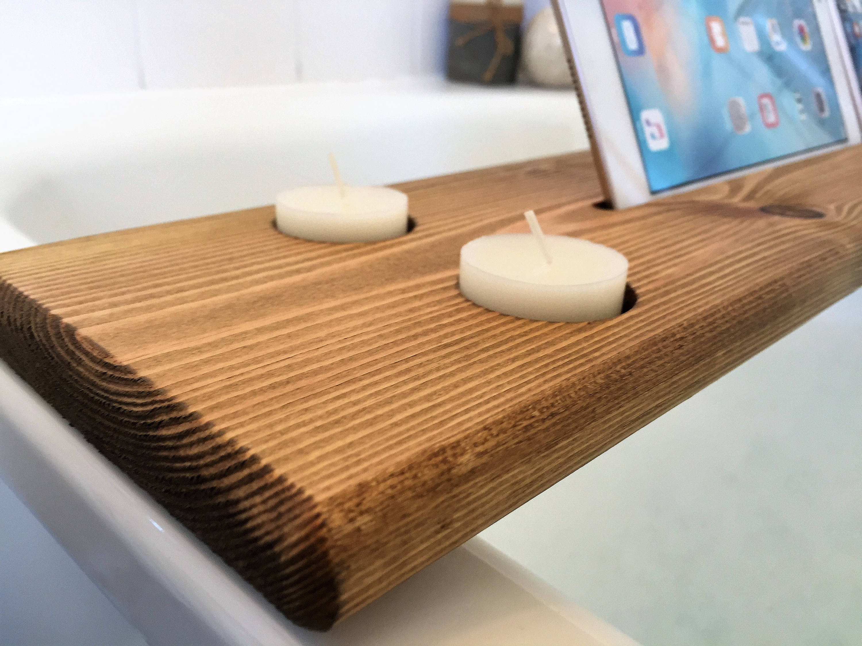 Wooden Bath Caddy Tray With Wine & Tablet Holder Rustic Oak Etsy