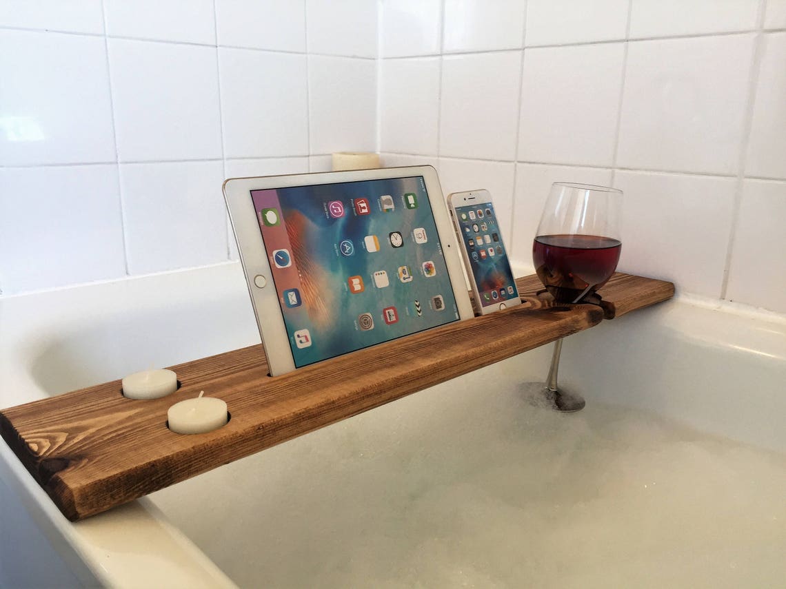 Wooden Bath Caddy Tray Reclaimed Solid Wood Bath Shelf Wine Etsy