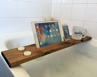 Wooden Bath Caddy, Tray With Wine & Tablet Holder Jacobean