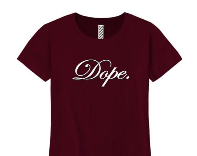 Womens crew neck t-shirt, stylish 'Dope' graphic-assorted colors (sizes Sm-4X)