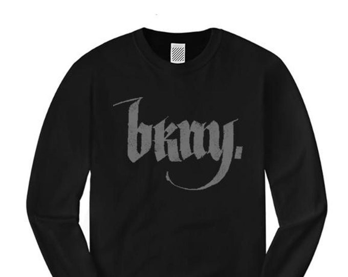 Mens urban fashion long sleeve tee, 'Goth' BKNY (Brooklyn, New York) calligraphy style graphic (sizes Sm-4XL)