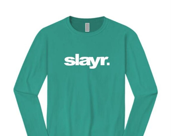 Women's trendy fashion long sleeve t-shirts, urban slang 'SLAYR.' (slayer) modern style graphic (size Sm-4X)