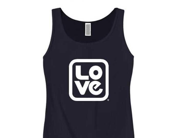 Womens fashionable tank tops: 'Love, Squared' modern style graphic-assorted stylish colors (sizes Sm-3X)