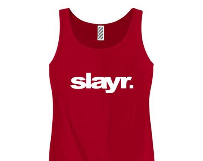 Women's trendy fashion tank tops, urban slang 'SLAYR.' (slayer) modern style graphic (size Sm-3X)