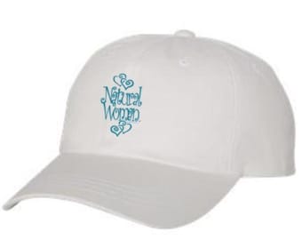 Classic Dad Hats, Embroidered-inspirational "Natural Woman" graphic, 100% Chino Twill Cotton, adjustable strap-white hats, Unisex