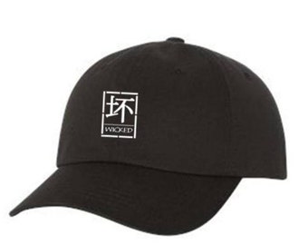 Dad Hats, Embroidered, Asian inspired 'Wicked' graphic, 100% Chino Twill Cotton, adjustable strap, black, white or beige-Unisex