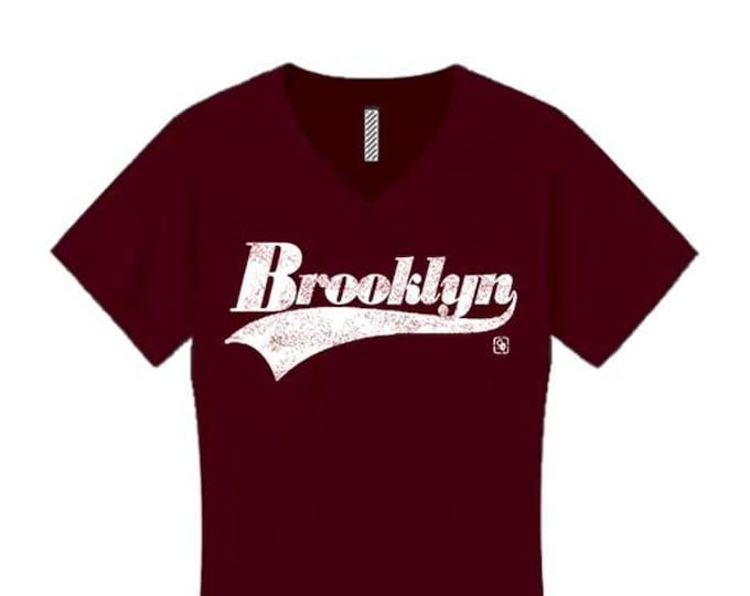 Womens v-neck urban style tshirts, 'Brooklyn' varsity style weathered graphic (sizes Sm-4X)