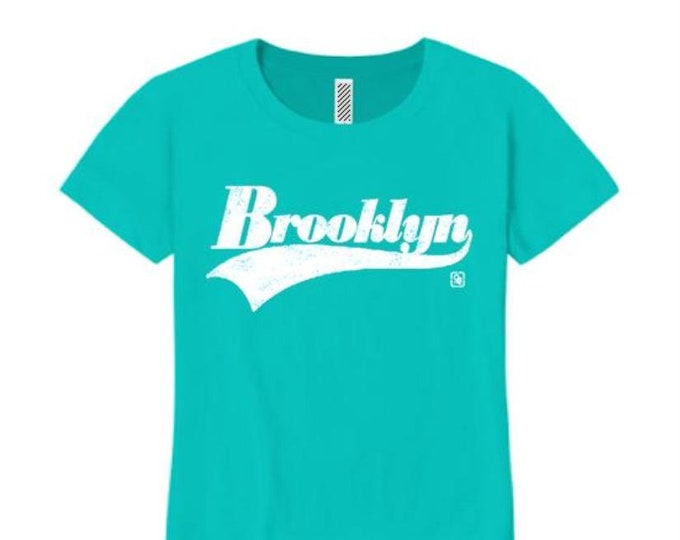Womens urban style tshirts, 'Brooklyn' varsity style weathered graphic (sizes Sm-4X)