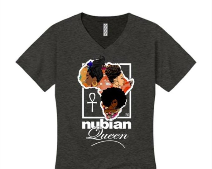 Afrocentric, Women's v-neck 'Nubian Queen' African art style graphic t-shirt (sizes Sm-4X)