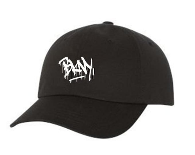 Dad Hats, Embroidered, graffiti tag 'BKNY' (Brooklyn, New York) graphic, 100% Chino Twill Cotton, adjustable strap, black or blue