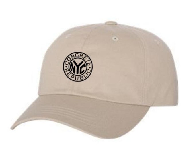 Classic Dad Hats, Embroidered-iconic NYC Subway Token graphic, 100% Chino Twill Cotton, adjustable strap, army green, natural-Unisex