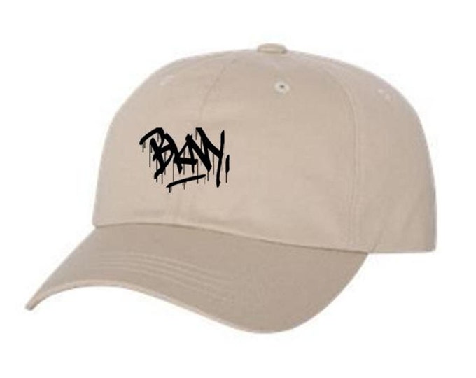 Dad Hats, Embroidered, graffiti tag 'BKNY' (Brooklyn, New York) graphic, 100% Chino Twill Cotton, adjustable strap, black or blue