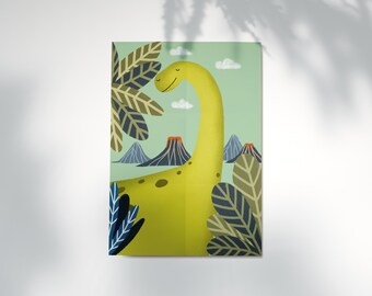 May include: A yellow dinosaur with a friendly smile stands in a green landscape with blue and green foliage and brown volcanoes in the background.