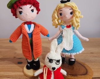 Alice in Wonderland Crochet Doll Set: Handmade Alice, Mad Hatter, White Rabbit