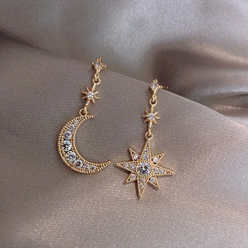Gold Moon And Star Mismatched Earringssilver Celestial Etsy