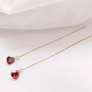 Red Heart Crystal Gold Threader earrings,Dangly Minimalist ear thread,Pull Through Everyday Dangle  Earrings,