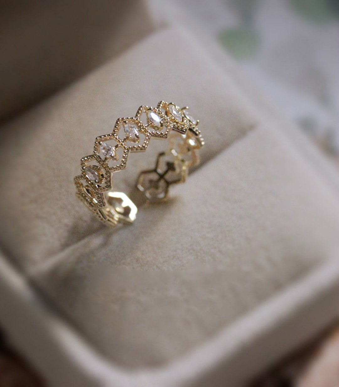 Gold Lace Band Ring Adjustable Crystal Vintage Ringopen - Etsy