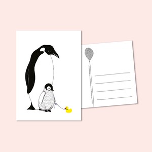 PartyTier Pinguin mit Baby, Glückwunschkarte. Illustratives Briefpapier, Geburtsanzeige, Baby