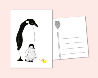 Fiesta Animal Pingüino con bebé, felicitaciones tarjeta de felicitación. Papelería ilustrativa, anuncio de nacimiento, bebé