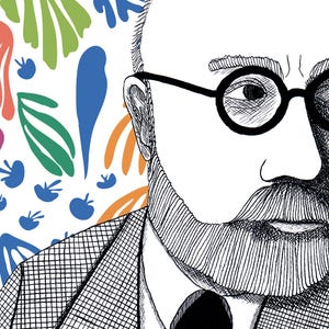 Illustrated portrait of modern artist Henri Matisse in black and white with colour abstract shapes background A4 print image 2