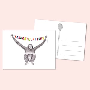 Party Animal Orang-Utan congratulations greeting card. Illustrative stationery, congrats greetings card