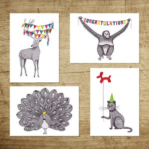 Set von 4 Party Tier Postkarten/Grußkarten für mehrere Gelegenheiten, einschließlich Redes, Katze, Pfau und Orang-Utan