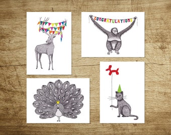 Conjunto de 4 postales/tarjetas de felicitación de Party Animal para varias ocasiones, incluyendo Renos, Gato, Pavo Real y Orangután