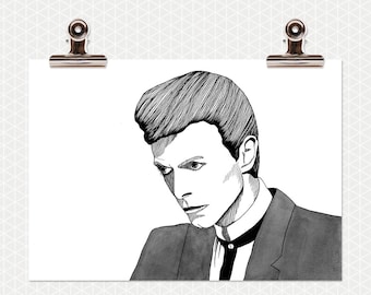Retrato ilustrado de David Bowie en blanco y negro - Impresión A4