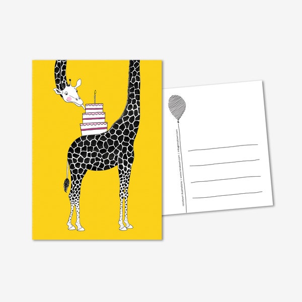 Party Animal Giraffe with cake greeting card / postcard, congratulations, happy birthday