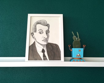 Retrato ilustrado del artista moderno Egon Schiele en blanco y negro - impresión A4