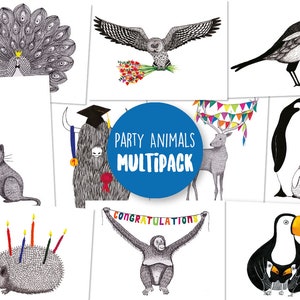 MULTIPACK - Set of 10 Party Animal postcards / greeting cards