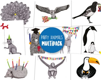 MULTIPACK - Juego de 10 postales / tarjetas de felicitación Party Animal
