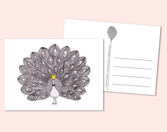 Tarjeta de felicitación del pavo real animal de la fiesta. Papelería ilustrativa, orgullosa de ti
