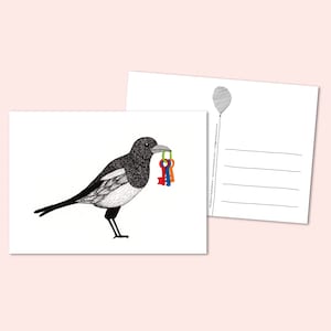Party Animal Magpie greeting card. Illustrative stationery, new home, moving, congratulations