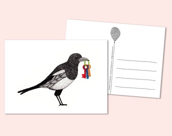 Tarjeta de felicitación de la urraca del animal de la fiesta. Papelería ilustrativa, nuevo hogar, mudanza, felicitaciones