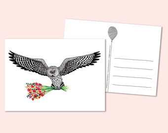 Tarjeta de felicitación de búho animal de fiesta. Papelería ilustrativa, gracias, lo siento, buena suerte, ponerse bien, pensando en ti