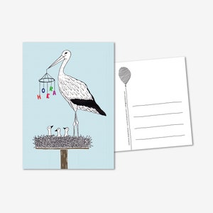 Party Animal Stork with nest, birth announcement congratulations greeting card, hooray, baby