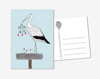 Party Animal Stork with nest, birth announcement congratulations greeting card, hooray, baby