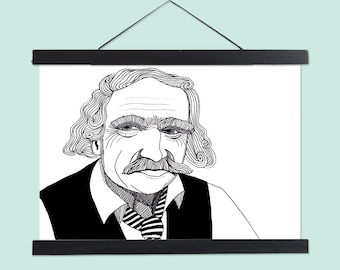 Retrato ilustrado del artista cinético moderno Jean Tinguely en blanco y negro - impresión A4