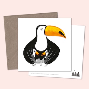 Party Animal Toucan with two babies/twins with brown envelope. Illustrative stationery, birth announcement, twins, baby, congratulation card
