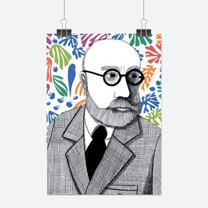 Illustrated portrait of modern artist Henri Matisse in black and white with colour abstract shapes background A4 print image 1