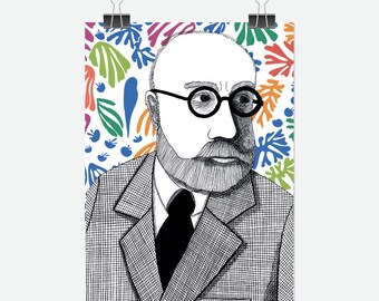 Retrato ilustrado del artista moderno Henri Matisse en blanco y negro con fondo de formas abstractas de color - impresión A4