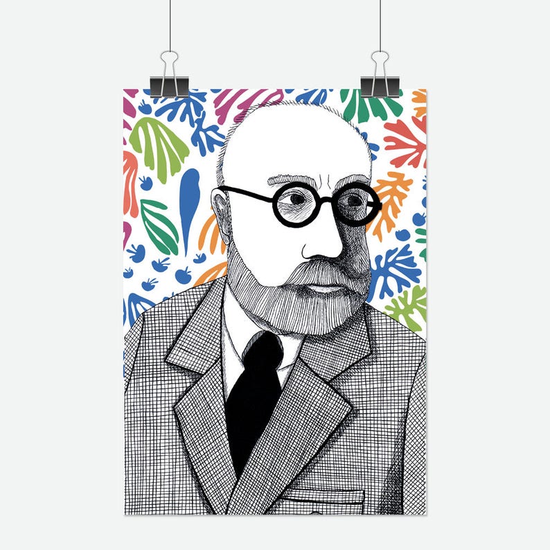 Illustrated portrait of modern artist Henri Matisse in black and white with colour abstract shapes background A4 print image 1