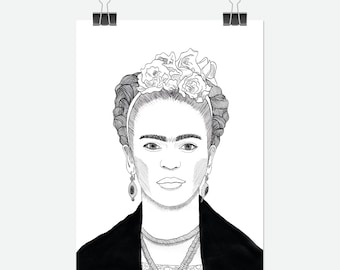 Retrato ilustrado de Frida Kahlo en blanco y negro - impresión A4